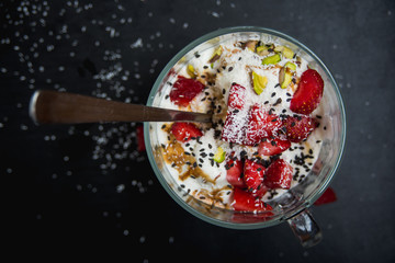 ice cream with strawberries in a cup