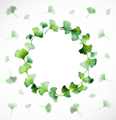 Circle of green ginkgo biloba leaves on white background. Traditional Japanese ink painting sumi-e.