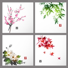 Set of compositions reprezenting four seasons. Sakura branch, bamboo, chrysanthemum and red maple leaves. Traditional Japanese ink painting sumi-e. Contains hieroglyph - happiness, luck.