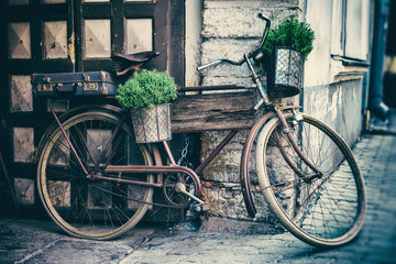 Fototapeta na wymiar Vintage stylized photo of old bicycle carrying flower pots 
