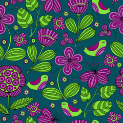 Beautiful Flowers set, Vector seamless pattern.

