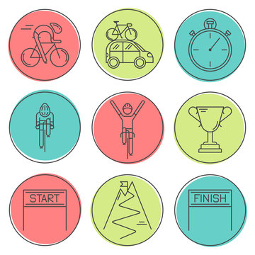 Set of 9 Bicycle Race modern linear icons.