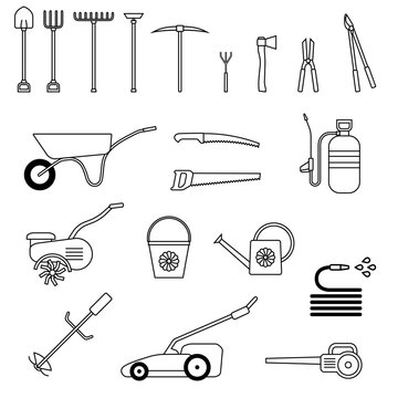 Set of garden tool. Garden tool icon. Gardening equipment. Agriculture tools. Vector illustration.