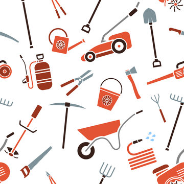 Seamless pattern of garden tools. Background of garden tool icons. Gardening equipment. Agriculture tools. Vector illustration.