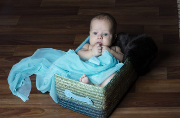 Newborn baby inside Fabric basket  with blue fabric