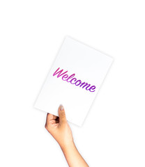 Welcome on card with hand holding; isolated, clipping path
