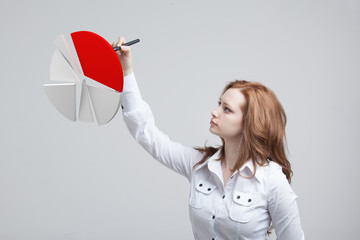 Woman shows a pie chart, circle diagram. Business analytics concept.