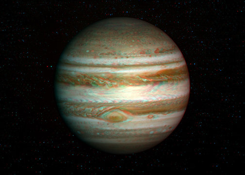3D anaglyph image of Jupiter with stars in the background. Includes NASA data. View with red/cyan glasses.