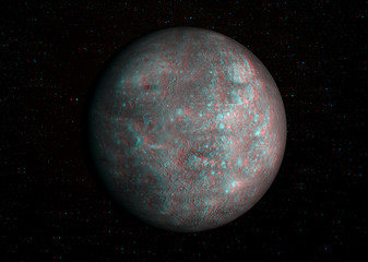 3D anaglyph image of Mercury with stars in the background. Includes NASA data. View with red/cyan glasses.