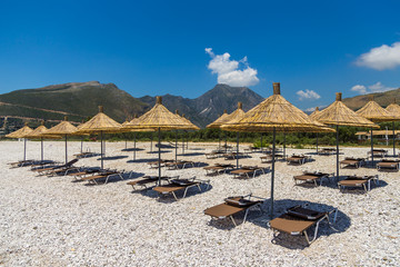 Umbrellas on the beach in Albania.