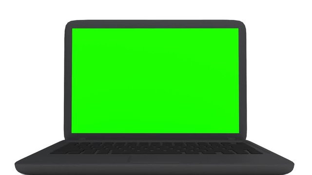 Opening and turning on a laptop with chroma key LCD screen (green screen) - 3D rendering with closeup of the screen
