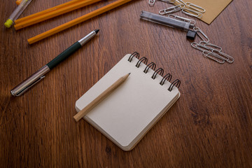 School supplies on a wood table