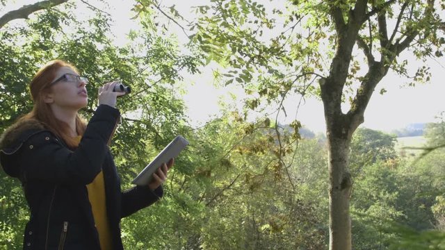 Young woman analysing nature. She is using a digital tablet to research.