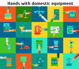 Set of hands with domestic equipment