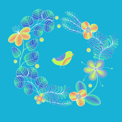 Beautiful Flowers round frame with bird. Vector Illustration.
