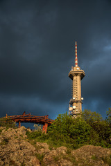 Obraz premium TV tower of Sofia, Bulgaria under heavy thunder clouds