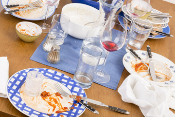 Table with several dirty dishes arranged on it