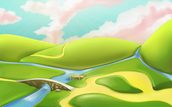 3d cartoon nature landscape with bridge, vector illustration with meadows, hills, river, and cloudy sky. Summer scenery with roads, countryside panorama, can be used as a game basic background