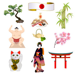 National symbols of Japan: japanese woman in a kimono, sumo wrestler, temple gates, the figurine cat that hold a japanese coin. The hieroglyph on the coin is translated "a lot of money".