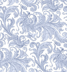 Handmade unusual seamless vector pattern. Exotic floral design background. Feathers and leaves, blue thin contour line. Art print on fabric
