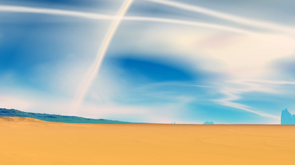 Stranger planet. Desert and sky. 3D illustration