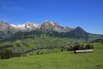 Fototapeta na wymiar Toggenburg valley and Mt Saentis in spring