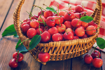 Fresh sweet cherries in a basket