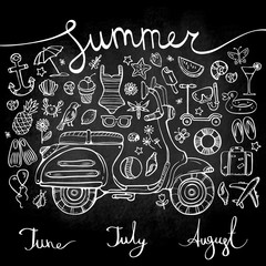 summer, set of white icons and symbols with motorbike, inscription on blackboard. Inscriptions, vector illustration