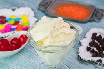Vanilla ice cream in ice cream glass bowl.