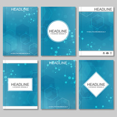 Science vector background. Modern vector templates for brochure, flyer, cover magazine or report in A4 size. Molecule structure and communication on the blue background.
