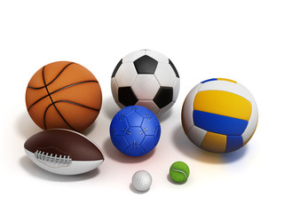 various sports balls 3d render on white