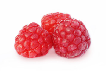 Three juicy raspberries on a white background