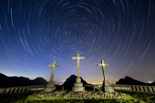 Star trail over the stations of the cross