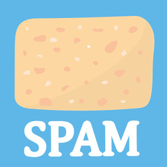 Flat slice of pink spam or luncheon meat on a blue background above the word spam added in white text 