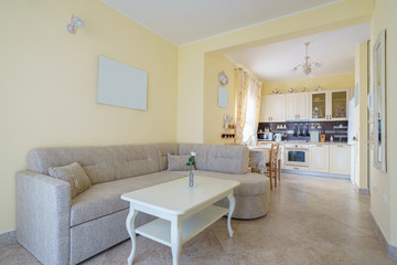Interior of a guest house room with kitchen