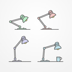 Collection of flexible table lamps in line style. Four typical flat lamps. Set of isolated lamps on a table. Table lamp vector stock illustration.
