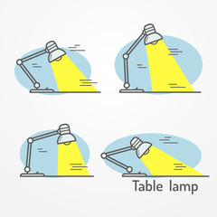 Collection of table lamps in line style. Typical flat lamps with light. Set of four isolated lamps on a table. Flexible table lamp vector stock illustration.