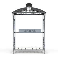 Grill with a roof from the rain isolated on white background. Front view. Forged elements, ornament. 3d rendering