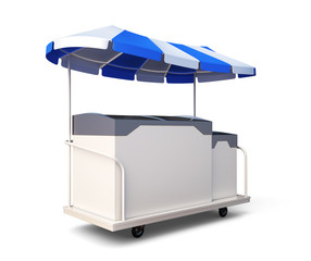 Mobile refrigerator with ice cream isolated on white background. 3d rendering.