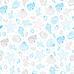 Seamless ocean pattern. Vector  with shells.