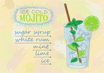 Nice mojito of ice cold glass on a color background. Soda with w