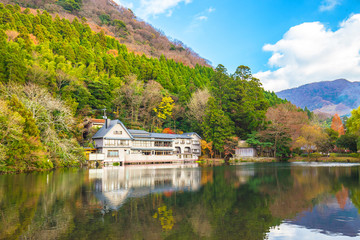 Naklejka premium Jesień nad jeziorem Kinrinko w Yufuin Town Oita, Japonia