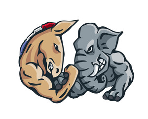 USA Democrat Vs Republican Election Match Cartoon -  Intense Arm Wrestling Competition