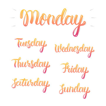 Trendy hand lettering set of days of the week, fashion graphics, art print. Calligraphic colored isolated set. Vector