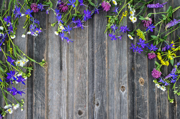 Fototapeta na wymiar Floral colorful background. Field flowers on vintage weathered 