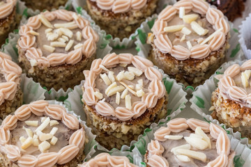 Set cake sweet with nuts closeup.