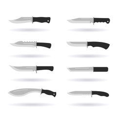 Army knives collection. Flat military icons of combat knives with shadows. Stock knife vector illustration.