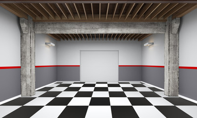 3d empty garage with metallic roller shutter door on white background