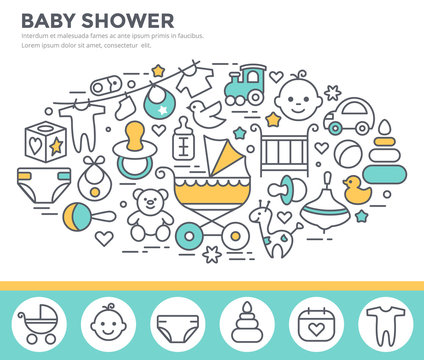 Baby shower invitation template, thin line, flat design