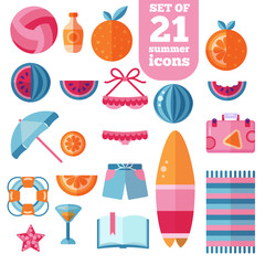 beach summer holiday vacation flat vector icon set